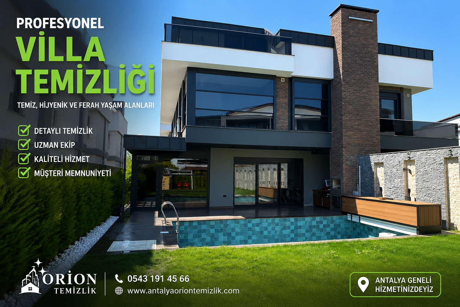 Antalya Orion Temizlik tarafından gerçekleştirilen profesyonel villa temizliği uygulaması.